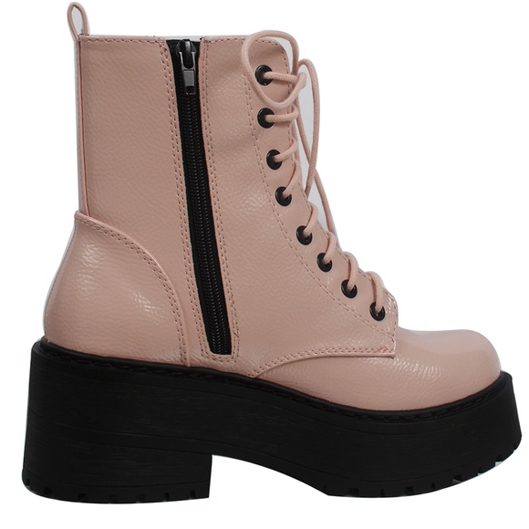 Blush Crinkle Faux Patent Leather  Lace Up Combat High Platform Ankle Boot - Picture 3 of 4